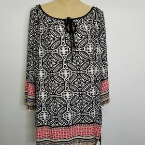 MISIA Womens Tunic BOHO Top Sz 2XL Black Beige Red 3/4 Sleeve Scoop Neck Keyhole